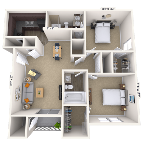 Floor plan for 2 beds, 2 baths, 945 sqft