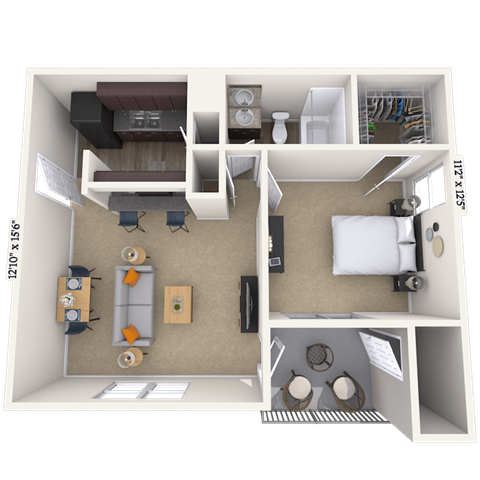 Floor plan for 1 bed, 1 bath, 567 sqft