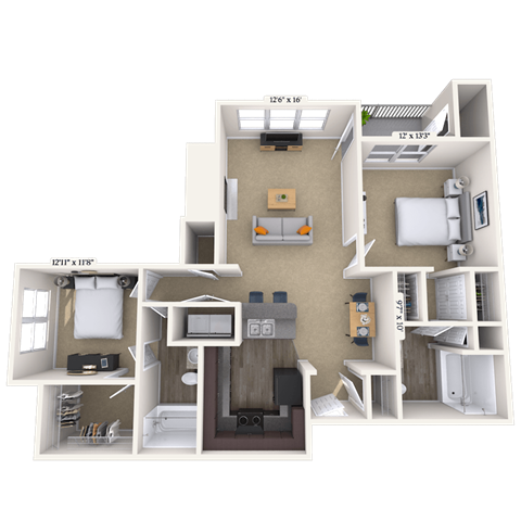 Floor plan for 2 beds, 2 baths, 1171 sqft