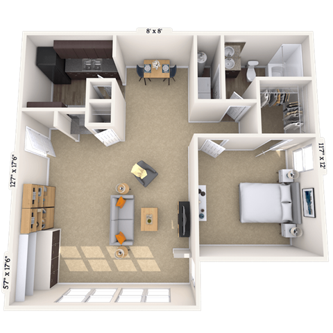 Floor plan for 1 bed, 1 bath, 790 sqft