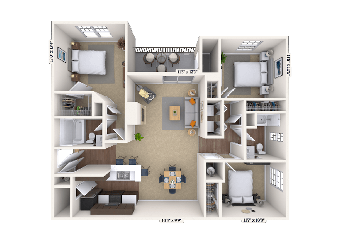 Floor plan for 3 beds, 2 baths, 1287 sqft