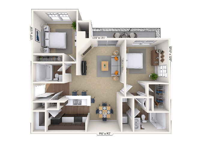 Floor plan for 2 beds, 2 baths, 1183 sqft