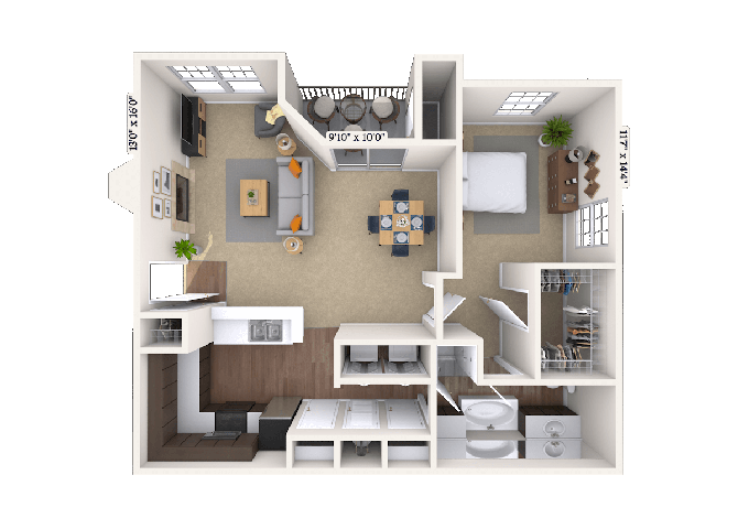 Floor plan for 1 bed, 1 bath, 1053 sqft