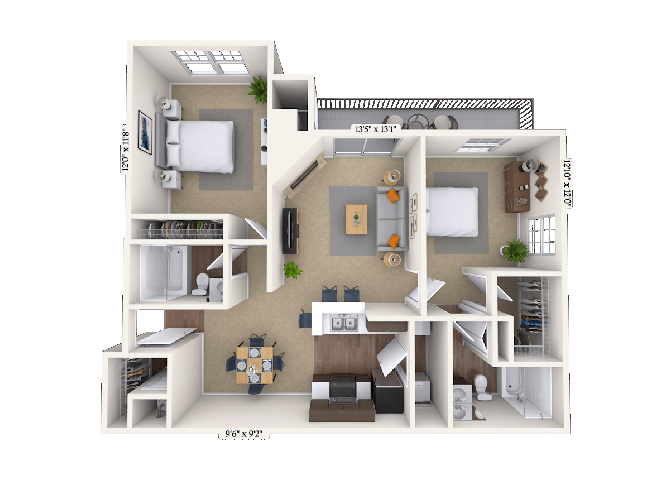 Floor plan for 2 beds, 2 baths, 1057 sqft