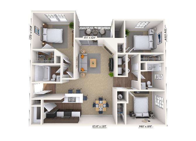 Floor plan for 3 beds, 2 baths, 1343 sqft