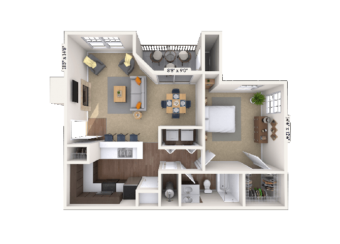Floor plan for 1 bed, 1 bath, 877 sqft