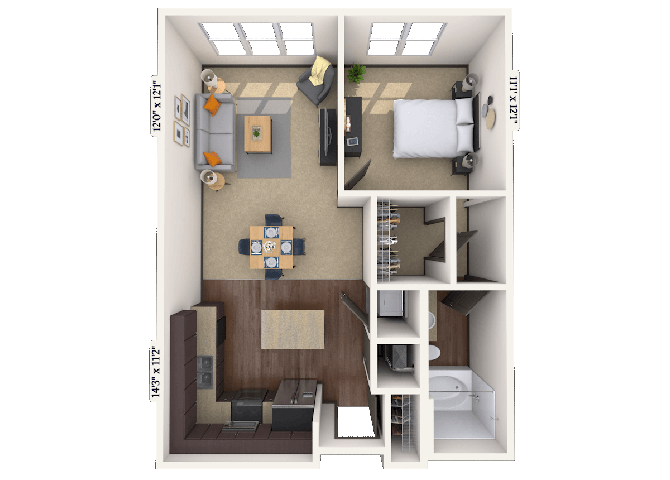 Floor plan for 1 bed, 1 bath, 744 sqft
