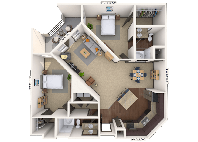 Floor plan for 2 beds, 2 baths, 1385 sqft