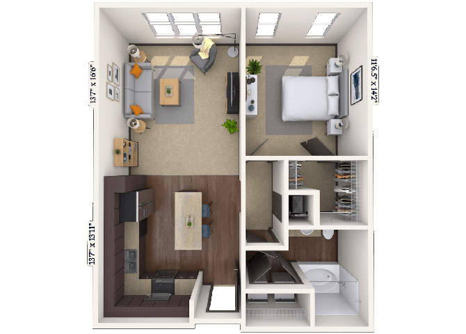 Floor plan for 1 bed, 1 bath, 806 sqft