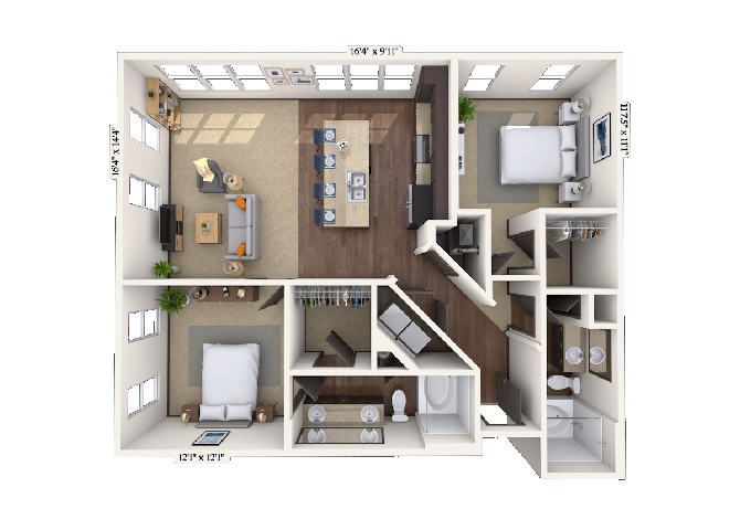 Floor plan for 2 beds, 2 baths, 1235 sqft