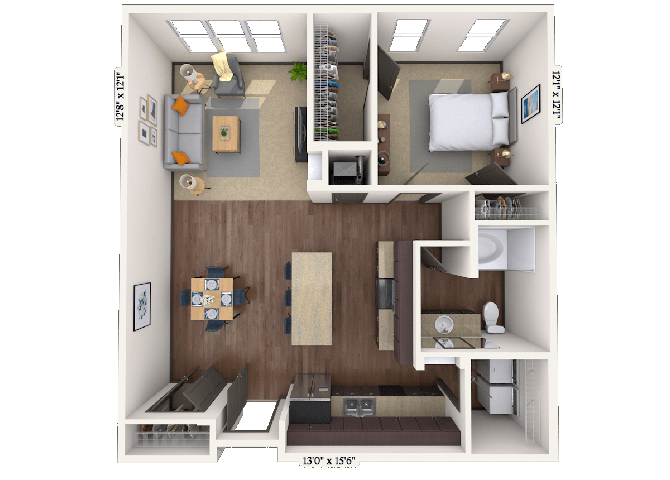 Floor plan for 1 bed, 1 bath, 930 sqft