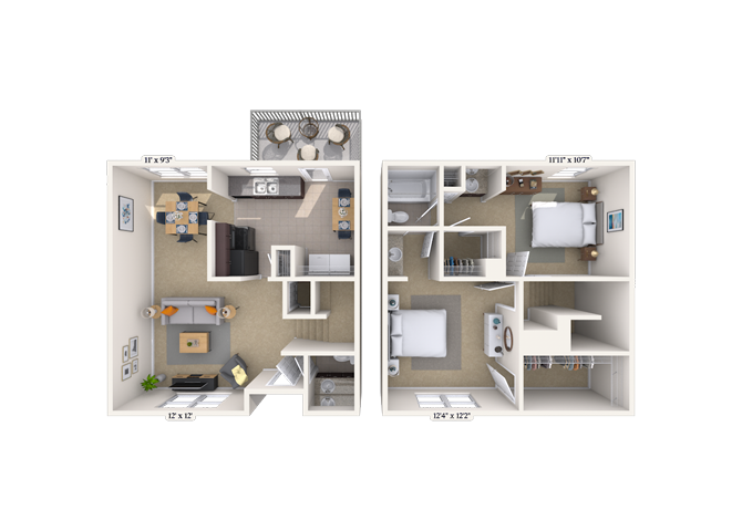 Floor plan for 2 beds, 2 baths, 1138 sqft
