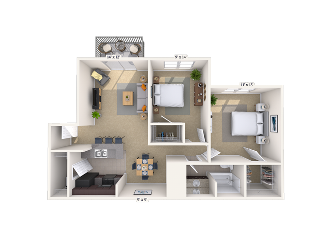 Floor plan for 2 beds, 1 bath, 932 sqft