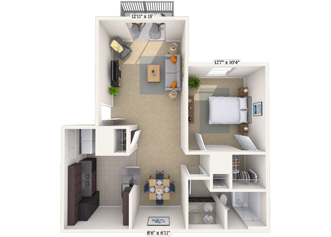 Floor plan for 1 bed, 1 bath, 735 sqft