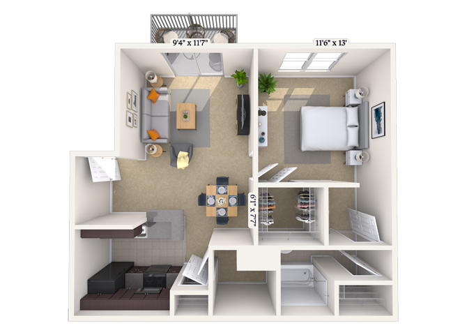 Floor plan for 1 bed, 1 bath, 635 sqft