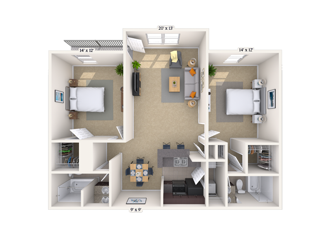 Floor plan for 2 beds, 2 baths, 1038 sqft