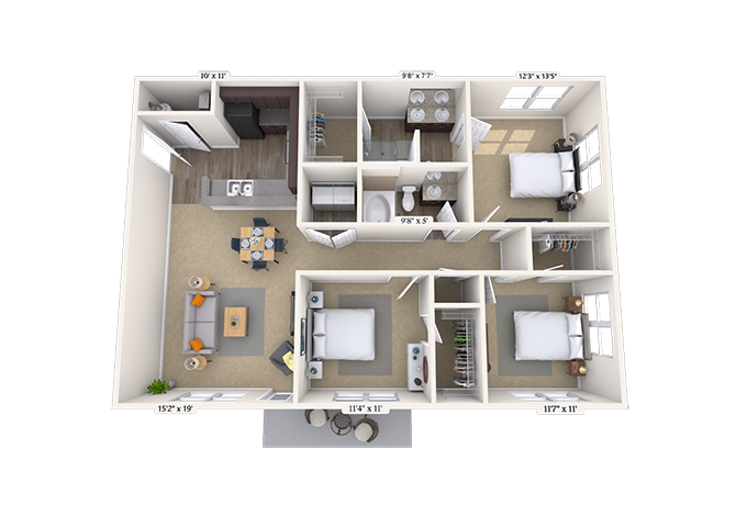 Floor plan for 3 beds, 2 baths, 1298 sqft