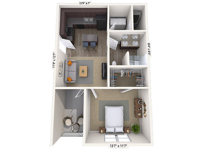 Floor plan for 1 bed, 1 bath, 600 sqft