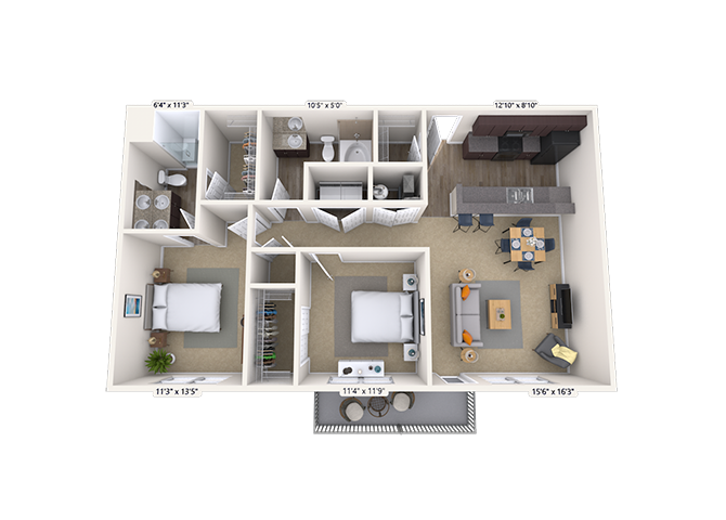 Floor plan for 2 beds, 2 baths, 1138 sqft