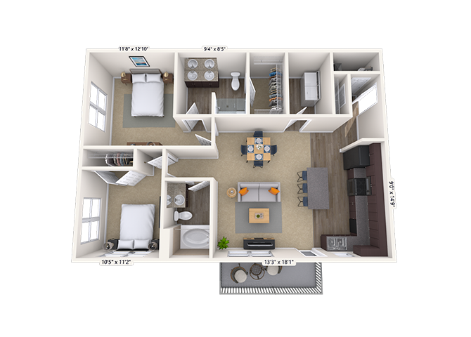 Floor plan for 2 beds, 2 baths, 1094 sqft