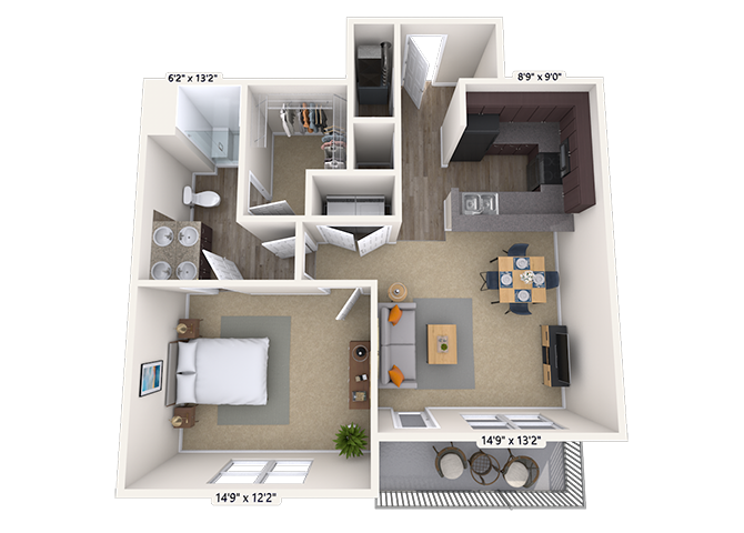 Floor plan for 1 bed, 1 bath, 748 sqft