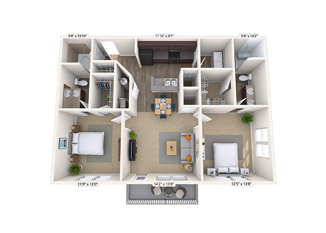 Floor plan for 2 beds, 2 baths, 1094 sqft