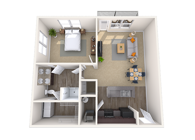 Floor plan for 1 bed, 1 bath, 837 sqft