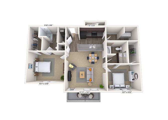 Floor plan for 2 beds, 2 baths, 1091 sqft