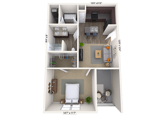 Floor plan for 1 bed, 1 bath, 633 sqft