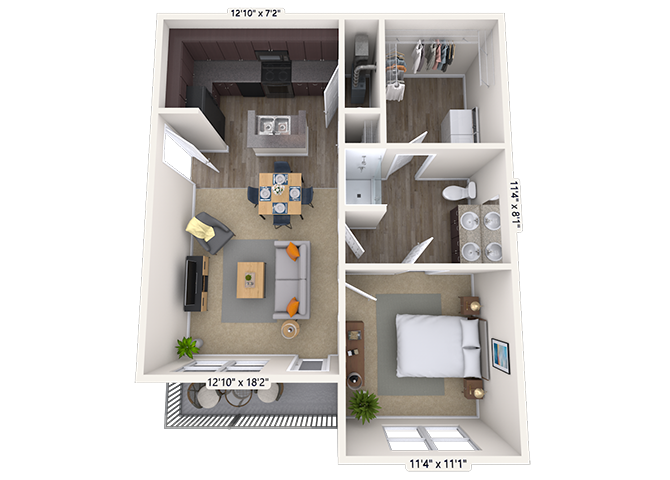 Floor plan for 1 bed, 1 bath, 717 sqft