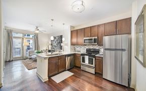 Nashville apartment for rent - a kitchen with stainless steel appliances and wooden cabinets