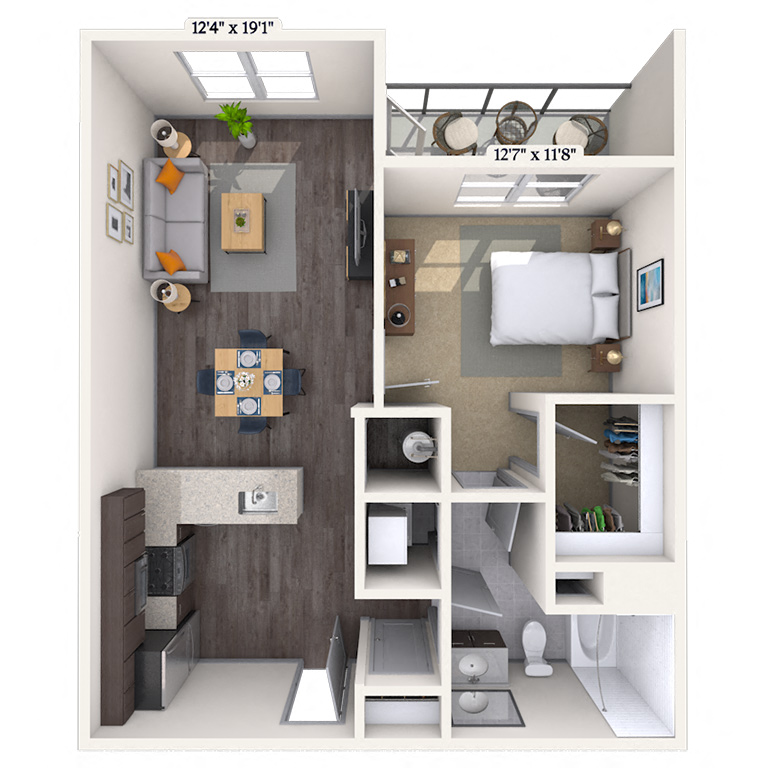 Floor plan for 1 bed, 1 bath, 687 sqft