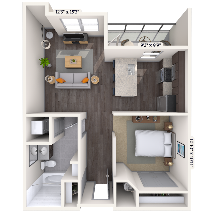 Floor plan for 1 bed, 1 bath, 677 sqft