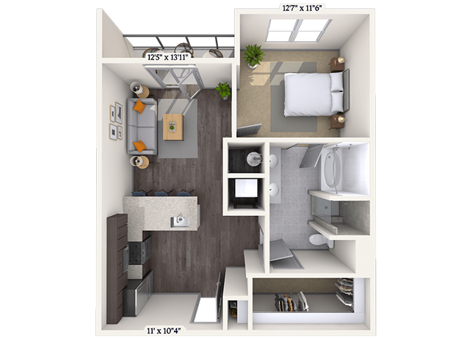 Floor plan for 1 bed, 1 bath, 680 sqft