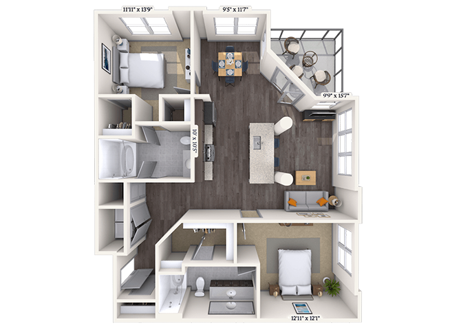 Floor plan for 2 beds, 2 baths, 1117 sqft