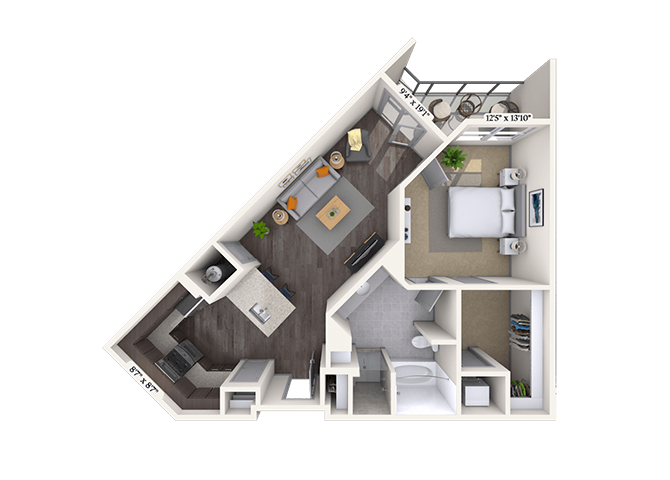 Floor plan for 1 bed, 1 bath, 760 sqft