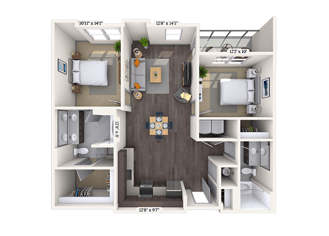Floor plan for 2 beds, 2 baths, 1024 sqft