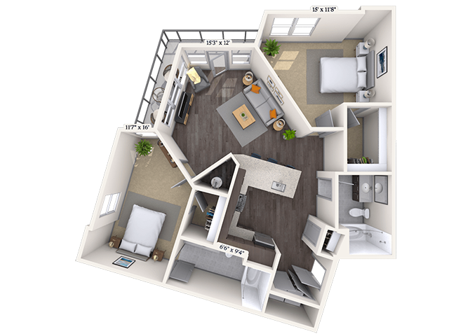 Floor plan for 2 beds, 2 baths, 1072 sqft