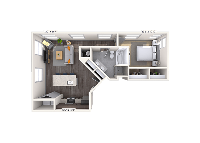 Floor plan for 1 bed, 1 bath, 795 sqft