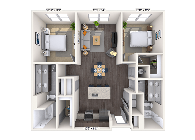 Floor plan for 2 beds, 2 baths, 1150 sqft