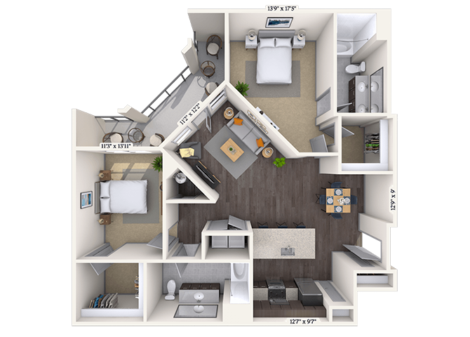 Floor plan for 2 beds, 2 baths, 1238 sqft