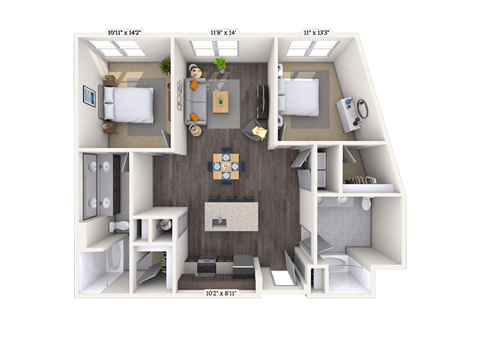 Floor plan for 2 beds, 2 baths, 1170 sqft