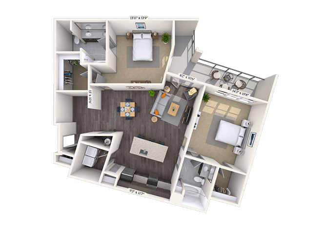 Floor plan for 2 beds, 2 baths, 1292 sqft