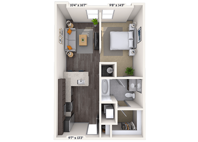Floor plan for 1 bed, 1 bath, 608 sqft