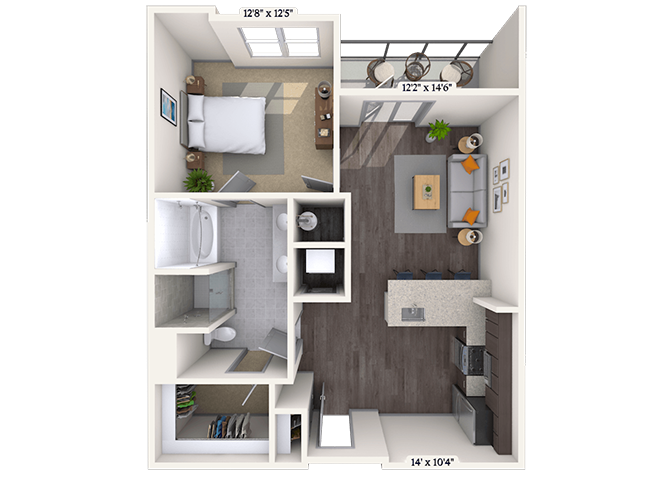 Floor plan for 1 bed, 1 bath, 721 sqft