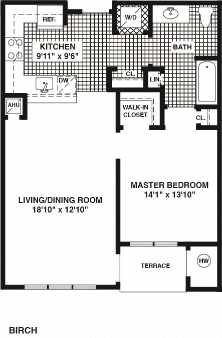 Floor plan for 1 bed, 1 bath, 866 sqft
