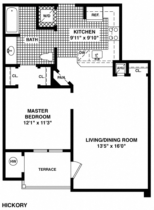 Floor plan for 1 bed, 1 bath, 945 sqft