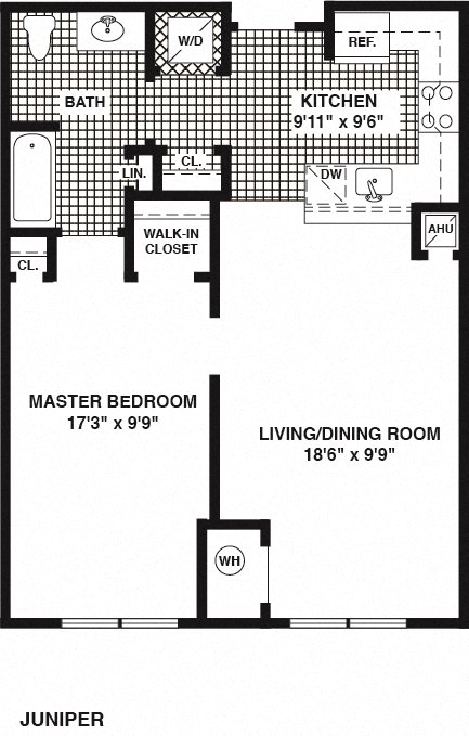 Floor plan for 1 bed, 1 bath, 878 sqft