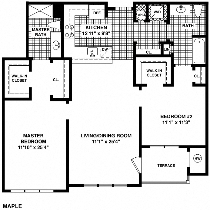 Floor plan for 2 beds, 2 baths, 1325 sqft