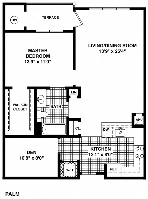 Floor plan for 1 bed, 1 bath, 1077 sqft